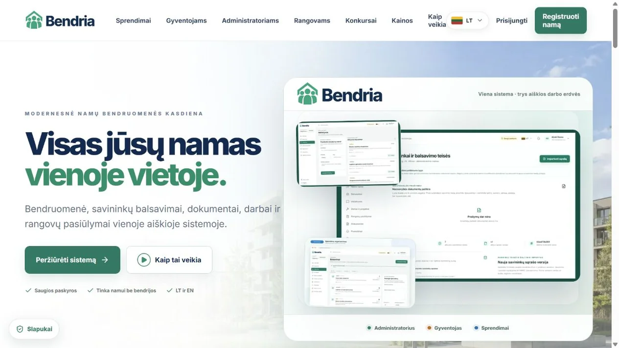 Bendria.lt · Bendria.com — public page interface