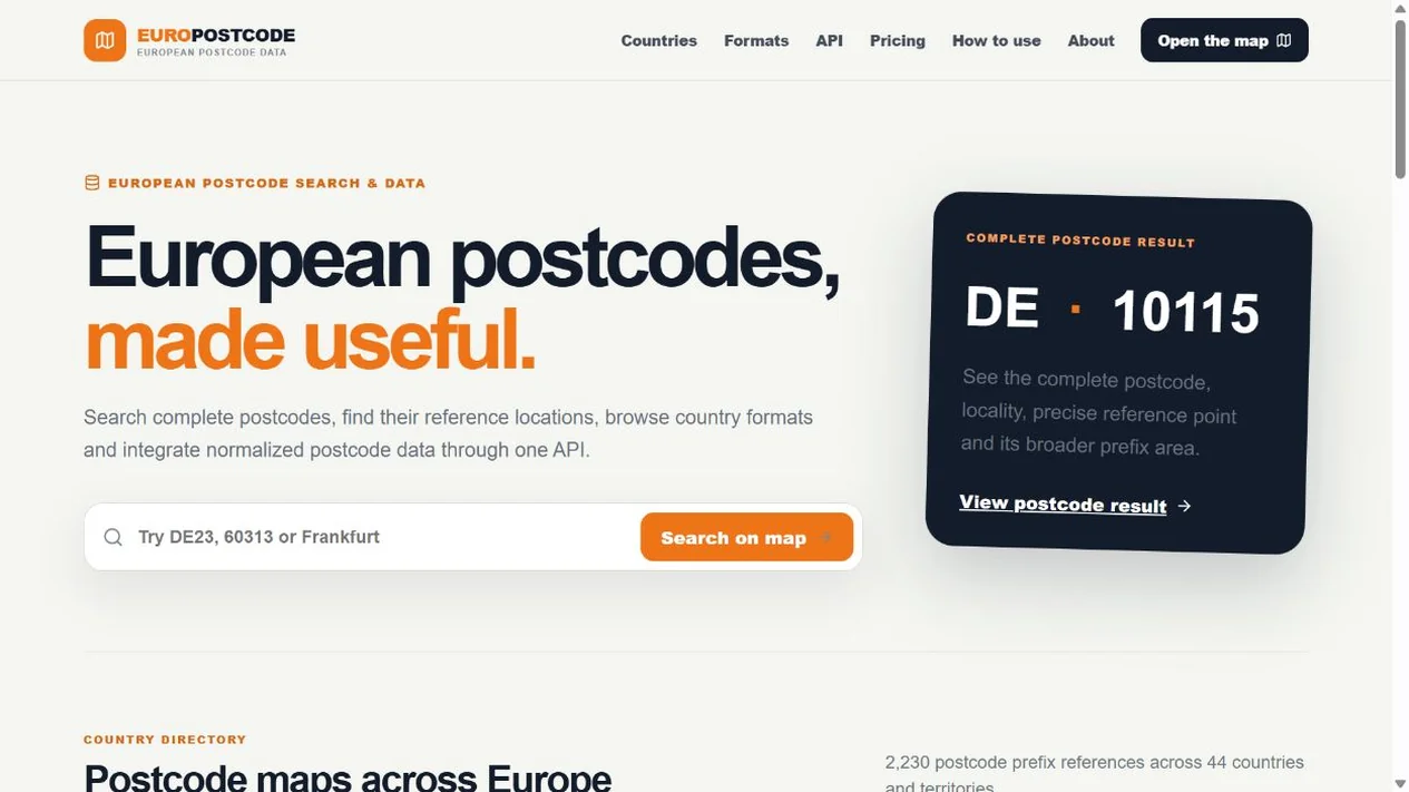 EuroPostCode.com — public page interface