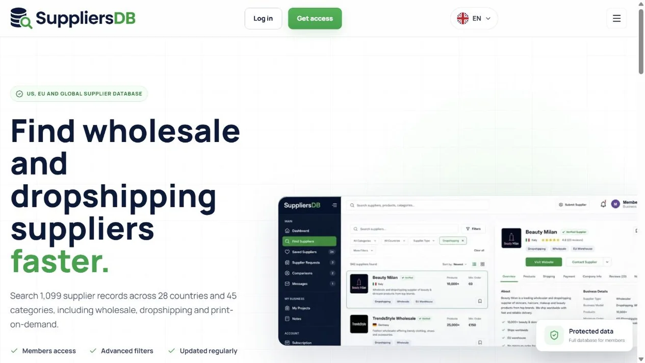 SuppliersDB.com · DropshipTiekejai.lt — public page interface